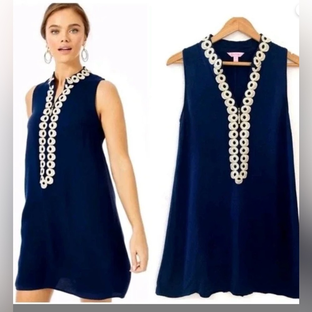 Lilly Pulitzer Navy Blue Sleeveless Midi Dress with Cream Trim